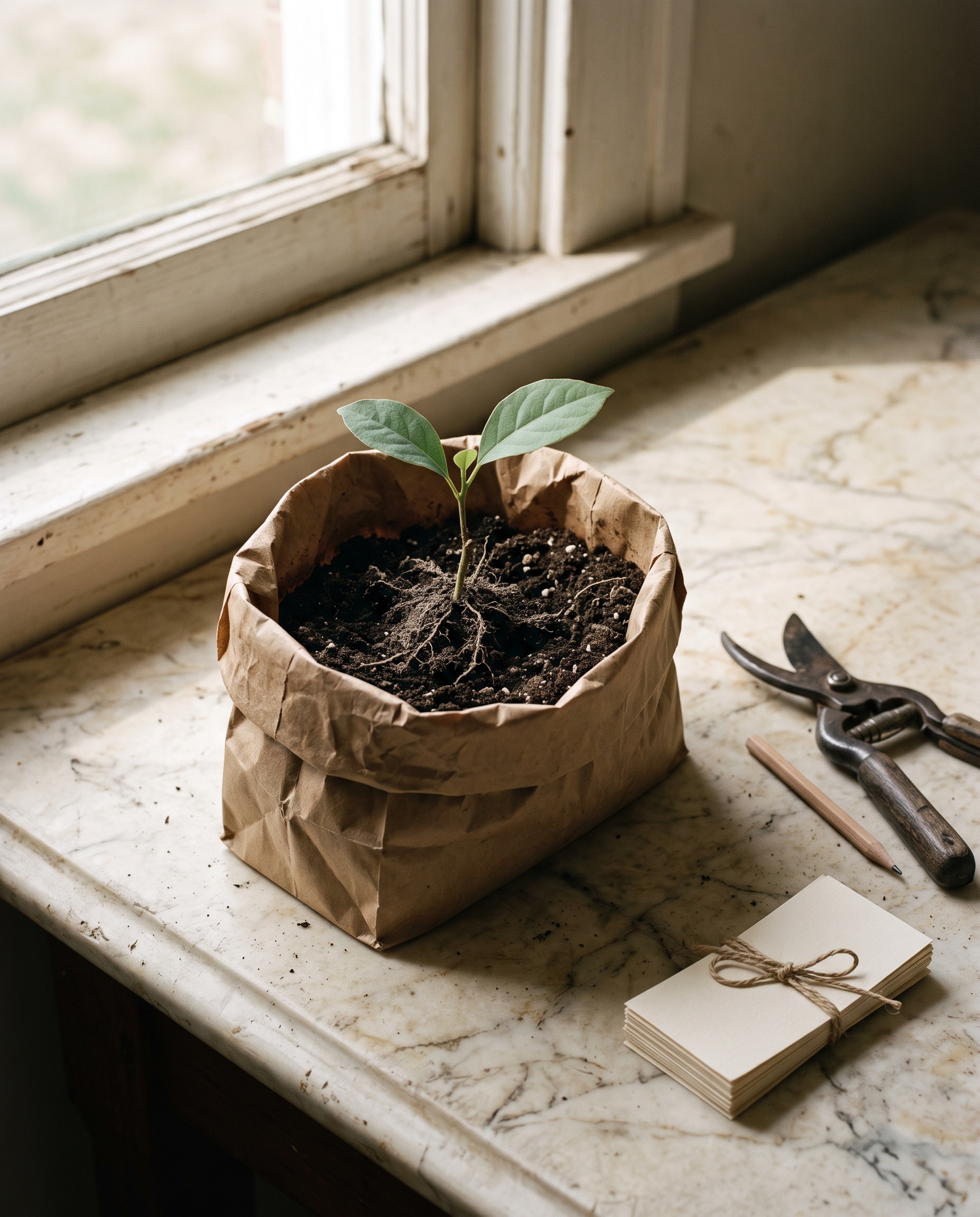 Young sapling growing from soil in a paper grocery bag beside garden shears